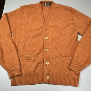 Vtg Arena Lambswool Blend Cardigan Large Grandpa Core Sweater Burnt Orange FLAW